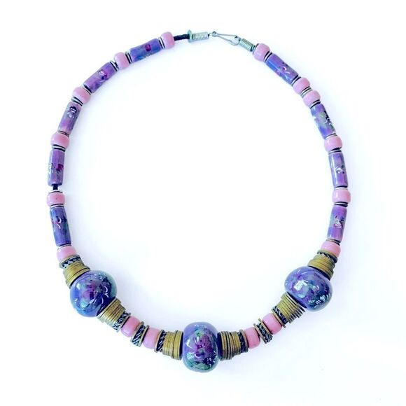 Vintage Floral Ceramic Beaded Necklace - Picture 1 of 4